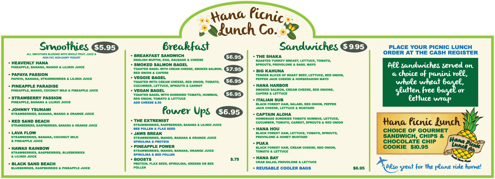 Hana Picnic Lunch Company Menu